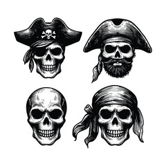  Pirate skull illustration.Vintage engraving isolated pirate skull ink sketch. black and white hand drawn pirate skull vector illustration