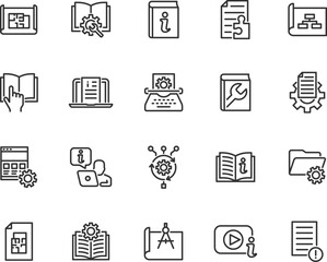 Vector set of technical documentation line icons. Contains icons instruction, plan, manual, blueprint, algorithm, information, reference document, video tutorial and more. Pixel perfect.