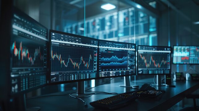 A stock market graph displayed on multiple monitors in a trading room, highlighting the importance of real-time data