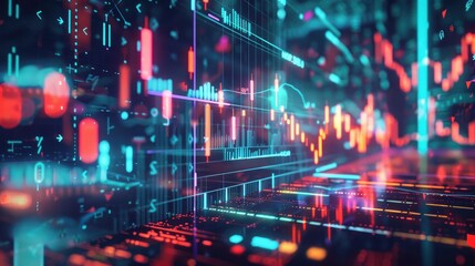 A stock market graph with fluctuating lines and bar charts, integrated into a digital interface with financial icons