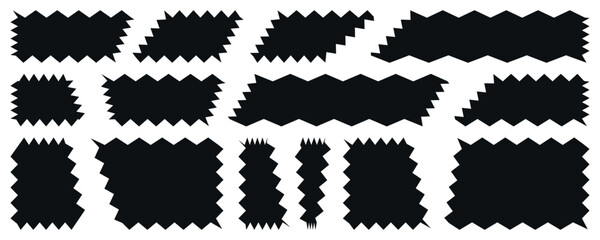 Zig zag edge rectangles collection. Jagged patches set. Black geometric graphic design elements for decoration, banner, poster, template, sticker, badge, collage. Set of frames with scallop edge