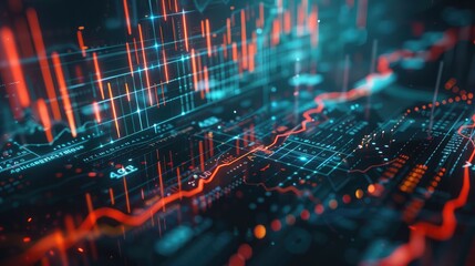 A stock market graph with fluctuating lines and bar charts, integrated into a digital interface with financial icons