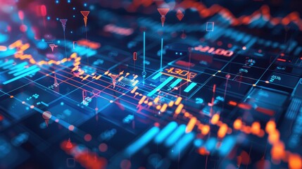 A stock market graph with rising and falling lines, overlaid with numbers and data points, emphasizing market analysis