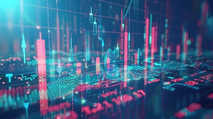 A stock market graph with fluctuating lines and bar charts, integrated into a digital interface with financial icons