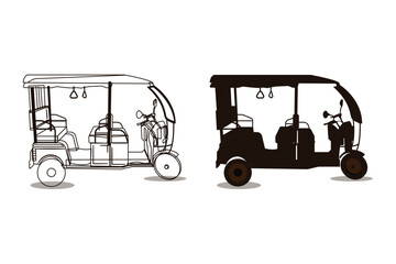 Tuktuk Indian rickshaw car silhouette and line art