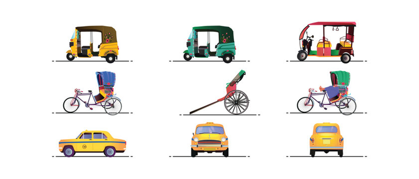 set of indian Transport like auto rickshaw, hand pulled, taxi, tuk tuk