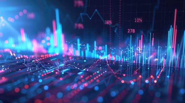 A stock market graph with rising and falling lines, overlaid with numbers and data points, emphasizing market analysis