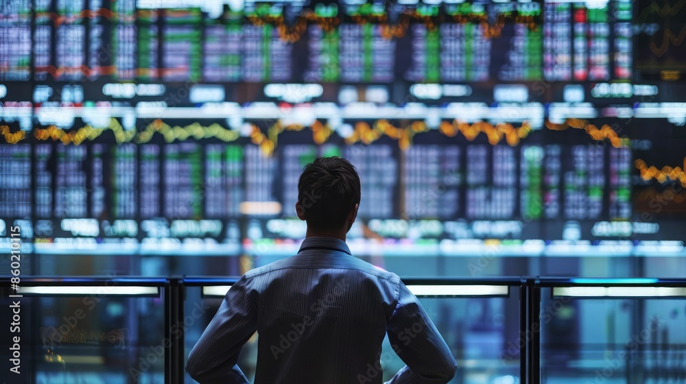 Poster a trader monitoring stock future trading data on a large digital display in a high-tech trading floo