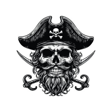 recommend clip art:  Pirate skull illustration.Vintage engraving isolated pirate skull ink sketch. black and white hand drawn pirate skull vector illustration