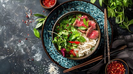 A vibrant Vietnamese pho bowl with steaming broth, rice noodles, herbs, and slices of beef, capturing the essence of Vietnamese cuisine