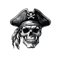 Pirate skull illustration.Vintage engraving isolated pirate skull ink sketch. black and white hand drawn pirate skull vector illustration