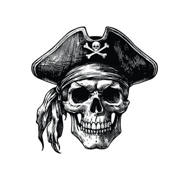  Pirate skull illustration.Vintage engraving isolated pirate skull ink sketch. black and white hand drawn pirate skull vector illustration