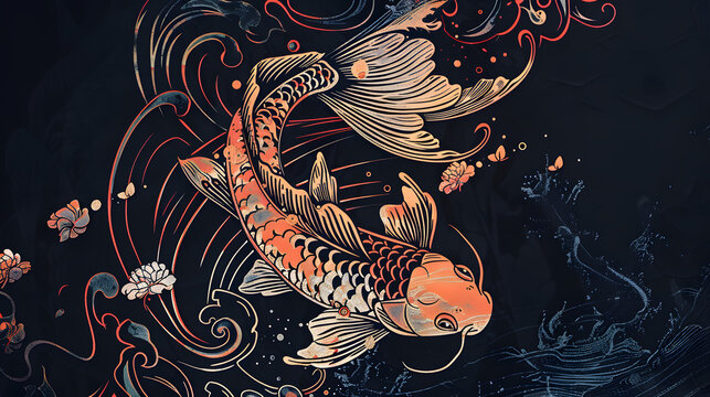 Japanischer Koi Hintergrund, Japanische Koi Illustration in dunklen Farben, Asiatischer Hintergrund, traditioneller Hintergrund, Japanische Kunst 