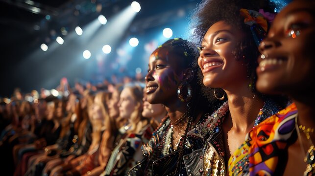 Smiling crowd of diverse women at a concert or fashion show