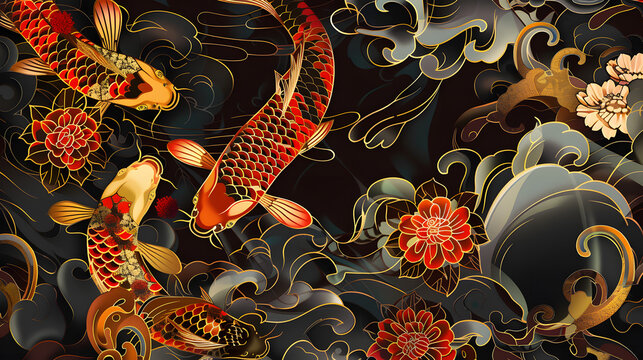 Japanischer Koi Hintergrund, Japanische Koi Illustration in dunklen Farben, Asiatischer Hintergrund, traditioneller Hintergrund, Japanische Kunst 