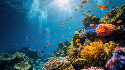 Vibrant coral reef teeming with colorful tropical fish in clear blue ocean waters Underwater marine ecosystem