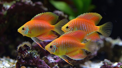 Obraz premium Vibrant Trio of Orange Tropical Fish in Coral Reef Aquarium 