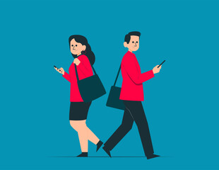 People walking and looking at phone vector concept