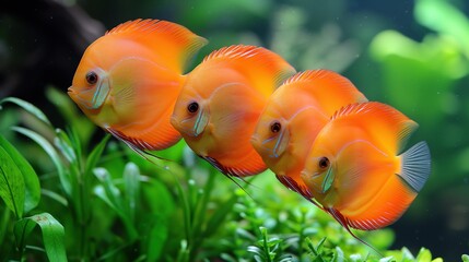 Obraz premium Group of Bright Orange Discus Fish Swimming Among Lush Green Plants in an Aquarium 