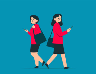 Obraz premium People walking and looking at phone vector concept