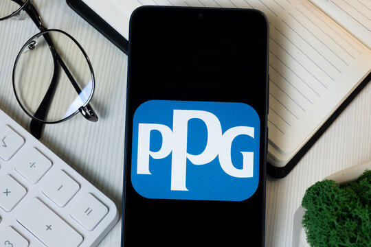 New York, USA - 11 June 2024: PPG Industries Logo on Phone Screen, Company Icon