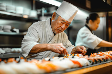 A man in a chef's hat is preparing sushi