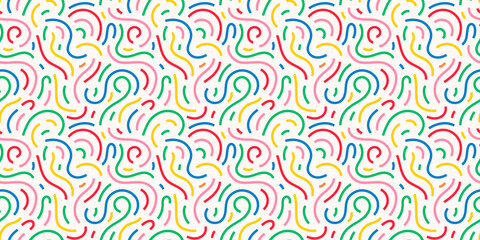 Fun colorful line doodle seamless pattern. Creative minimalist style art background for children or trendy design with basic shapes. Simple childish scribble backdrop. Vector stock background