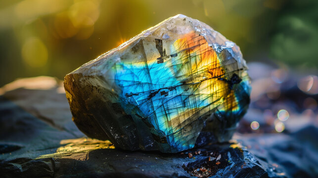 Iridescent labradorite crystal on a dark background.