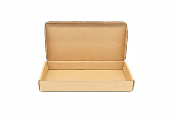 A thin opened kraft paper courier box isolated on white background