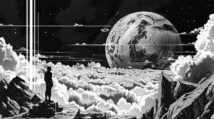Futuristic retro y2k design elements Cyberpunk 80s 90s style, artwork illustration science fiction magazine, book cover, flat tattoo, black and white. Alien space city with UFO alien planets moon