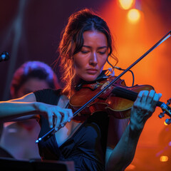 Fototapeta premium Joven, violinista y bella en pleno espectáculo, la cámara, la enfoca y ella está tocando su instrumento virtuosamente.