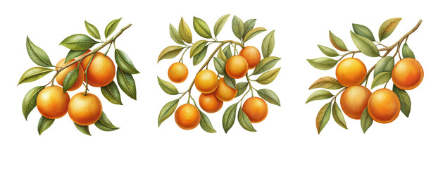 Three oranges are hanging from a tree limb. Three ripe oranges hanging from a tree branch on a transparent background.