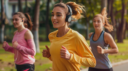 Tres mujeres bellas, haciendo deporte, running o  footing por un parque soleado ellas usan auriculares y se divierten.