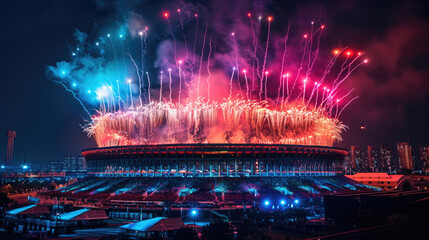 Festividad, estadio de conciertos con una gran inauguración fuegos artificiales y colores.