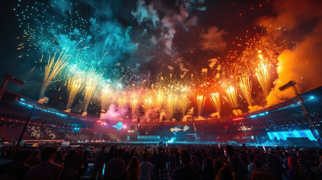 Festividad, estadio de conciertos con una gran inauguraci&oacute;n fuegos artificiales y colores.
