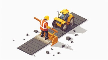 Fototapeta premium Two men are working on a road, one of them is holding a trowel