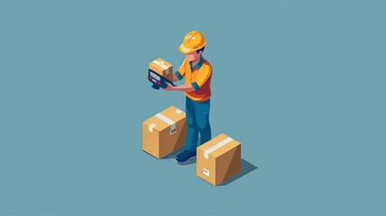 A man in a blue uniform is standing in front of a stack of boxes