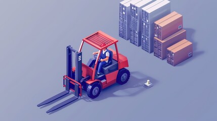 Naklejka premium A forklift is driving through a warehouse with boxes stacked on shelves