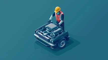 Obraz premium A man in a yellow vest is working on a car engine