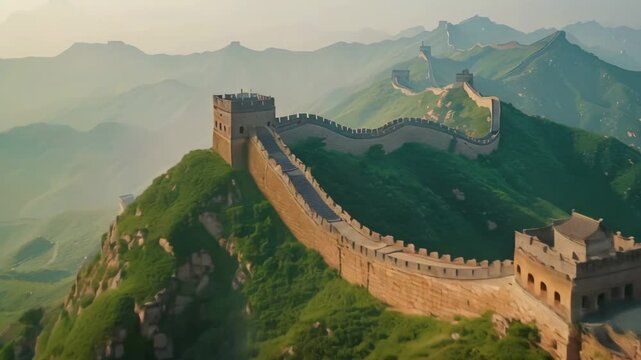 The Chinese great wall at Badaling in the mountains in the north of the capital Beijing. Wonder of the world. Beautiful view. Famous ancient wall of China. Travel concept. Asian history. Green hills.