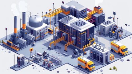 A large industrial complex with many buildings and trucks