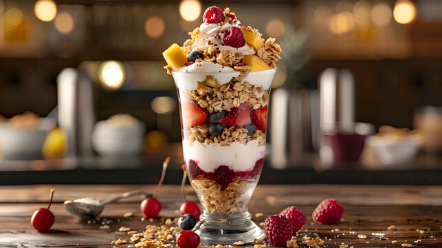 A vibrant fast food parfait layered with yogurt, granola, and fresh fruits