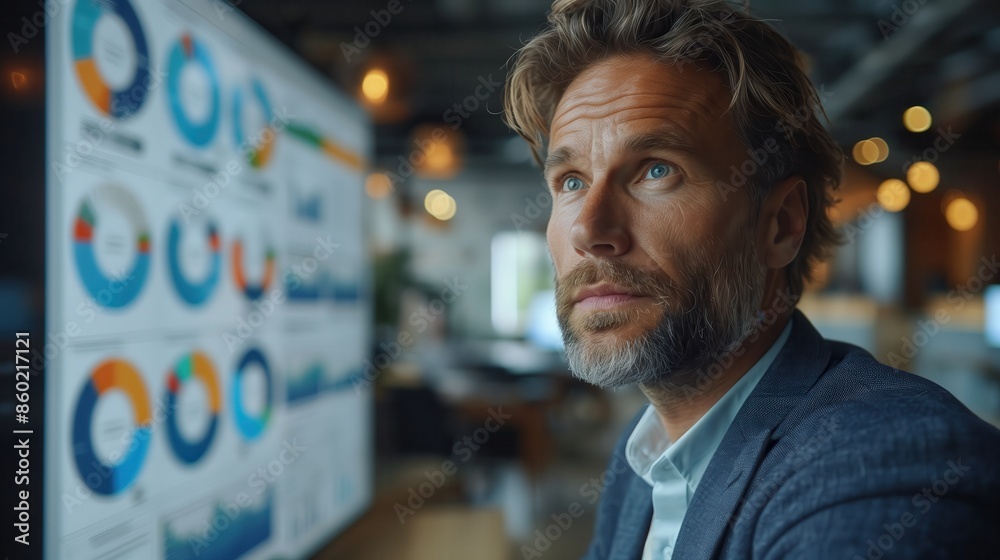 Poster businessman analyzing data on large screen. businessman analyzing data on a large screen in a modern
