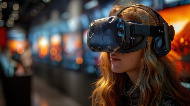 Woman Experiencing Virtual Reality in Office. Young woman experiencing virtual reality in an office setting, highlighting innovation and technology in a business environment. - Powered by Adobe