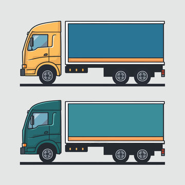 Semi trailer truck vector template with simple colors without gradients and effects. View from side, front, back, and top with white background
