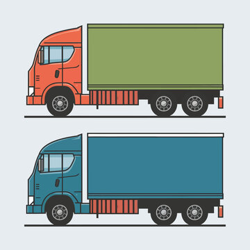 Semi trailer truck vector template with simple colors without gradients and effects. View from side, front, back, and top with white background
