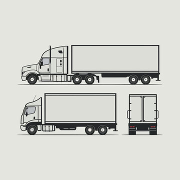 Semi trailer truck vector template with simple colors without gradients and effects. View from side, front, back, and top with white background
