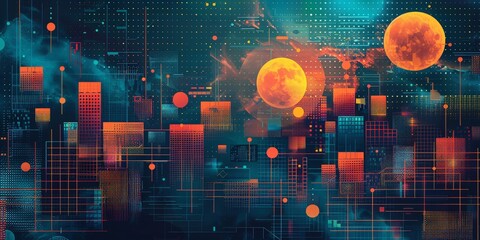 Futuristic Neon Cityscape with Dual Moons