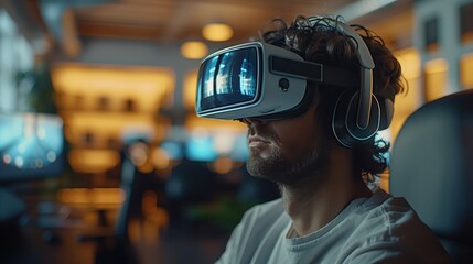 Man Experiencing Virtual Reality. Focused man wearing a virtual reality headset in a modern room, immersed in a virtual environment for gaming or work.
