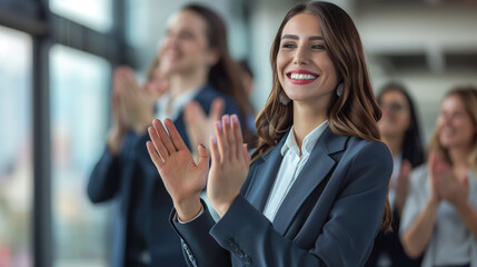 woman in office clapping 
